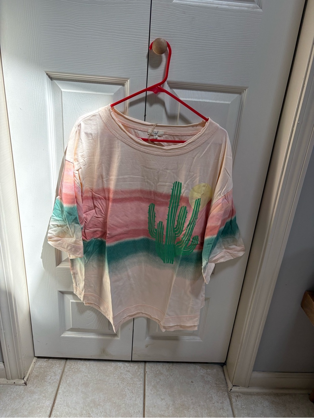 easel Peach Tee with Green Cactus and Teal Sunset Stripes